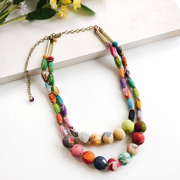 Fair Trade NWT 2 Strand Boho Necklace Handmade Upcycled Kantha Fabric Recycled - Picture 3 of 16
